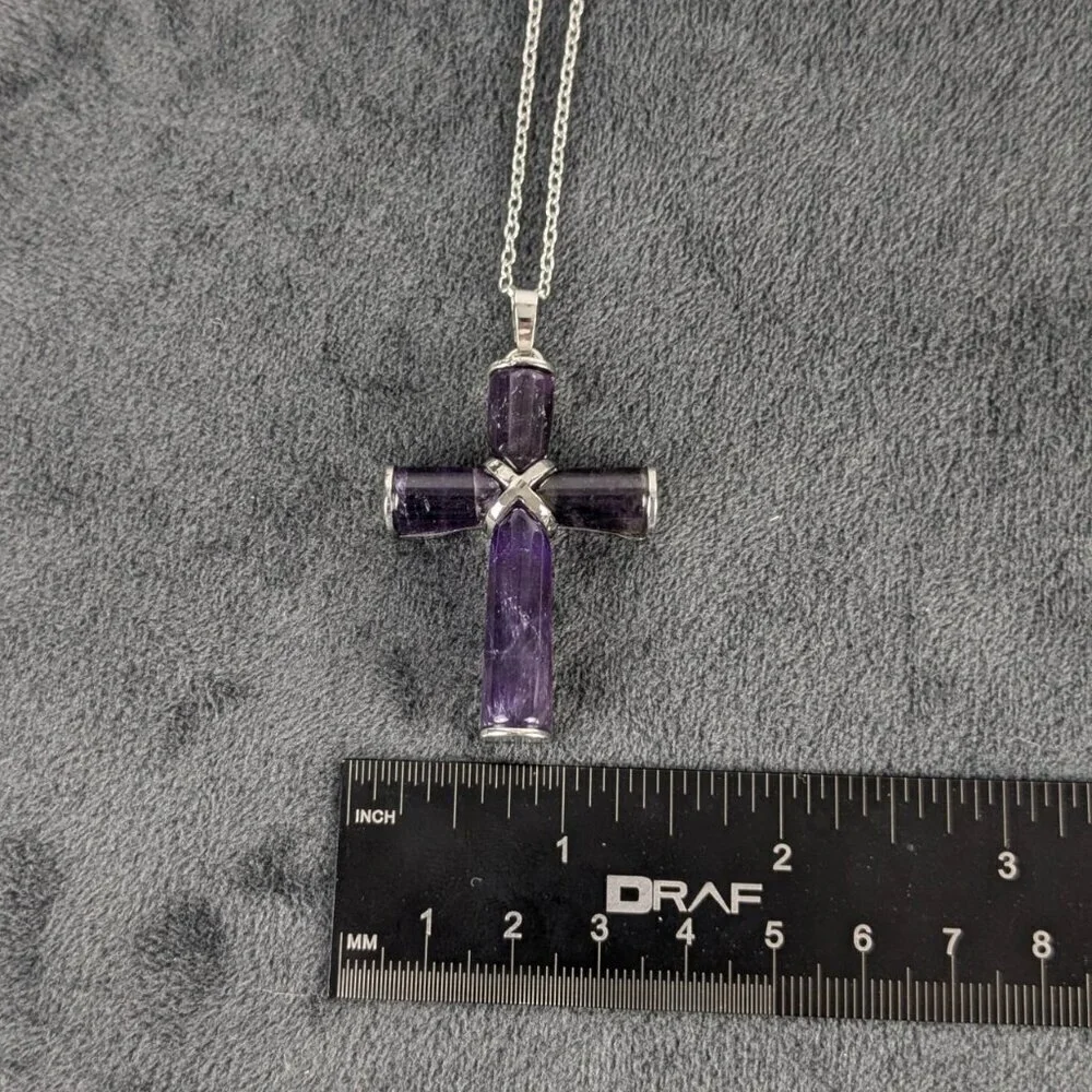 Amethyst and silver color cross pendant, free chain, unisex women men